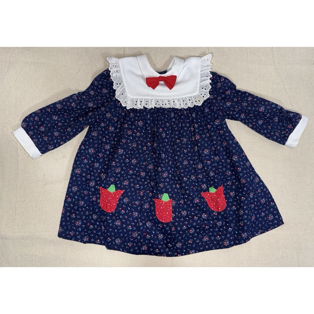 Vintage Bonnie Jean Girl's Dress Embroidered Tulips Floral‎ Bib Toddler Lace